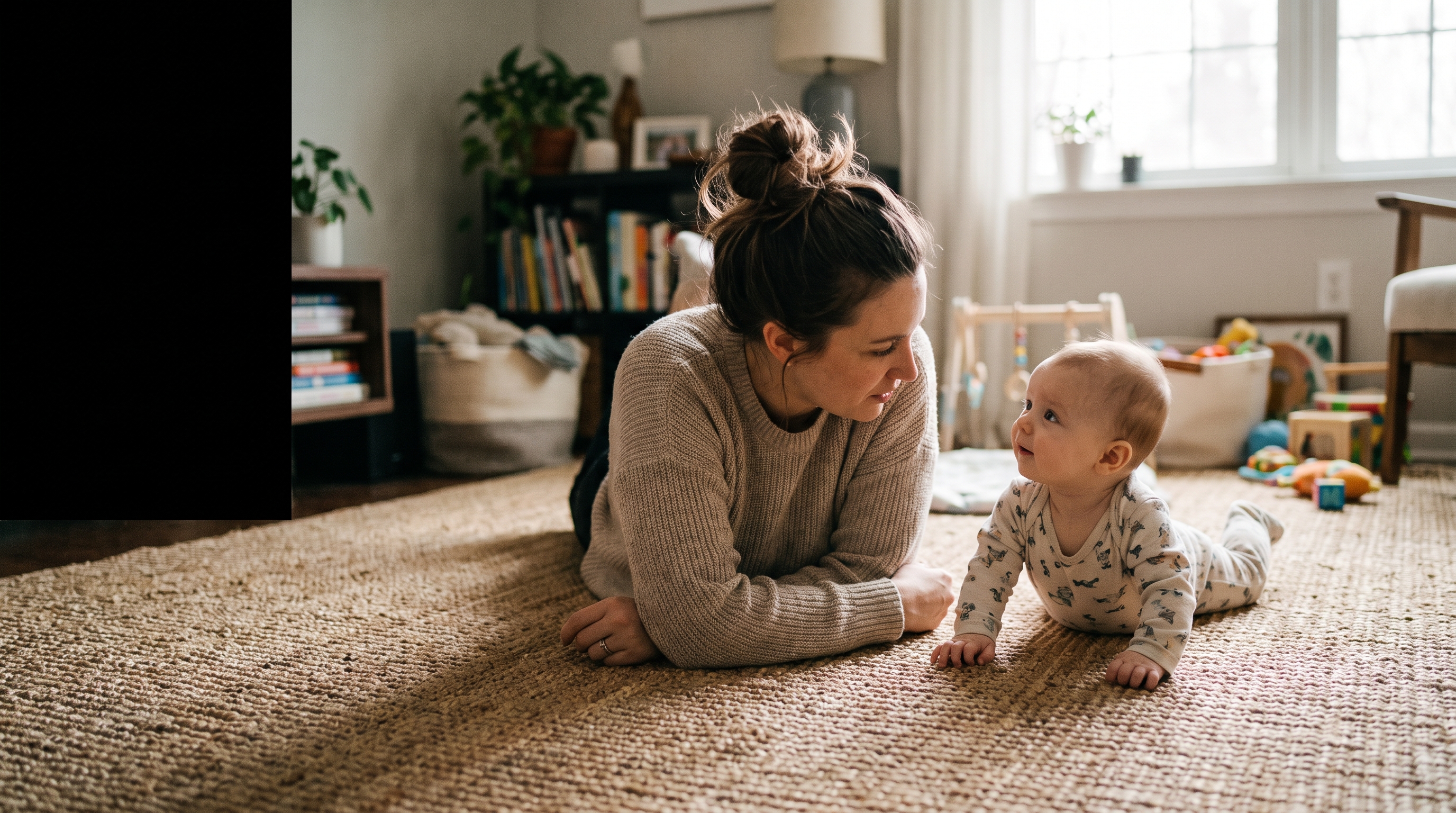 Mãe deitada no tapete da sala brincando de tummy time com o bebê de bruços, olhando para ele