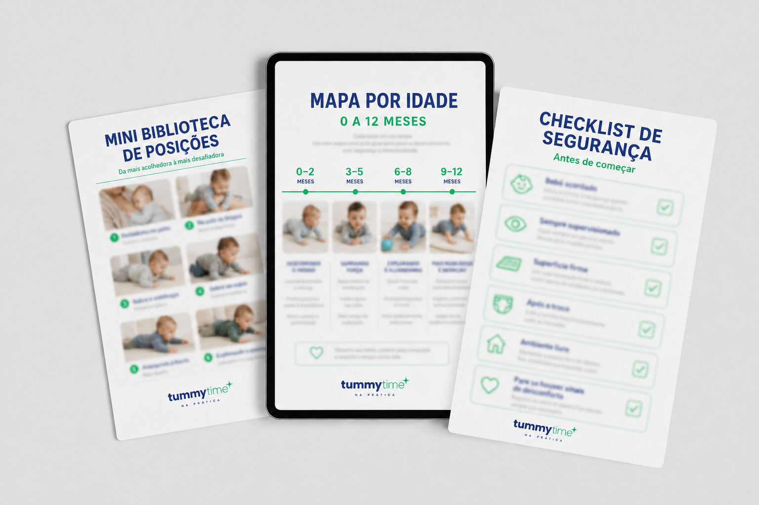 Mini biblioteca de posições, mapa por idade e checklist de segurança do Tummy Time na Prática
